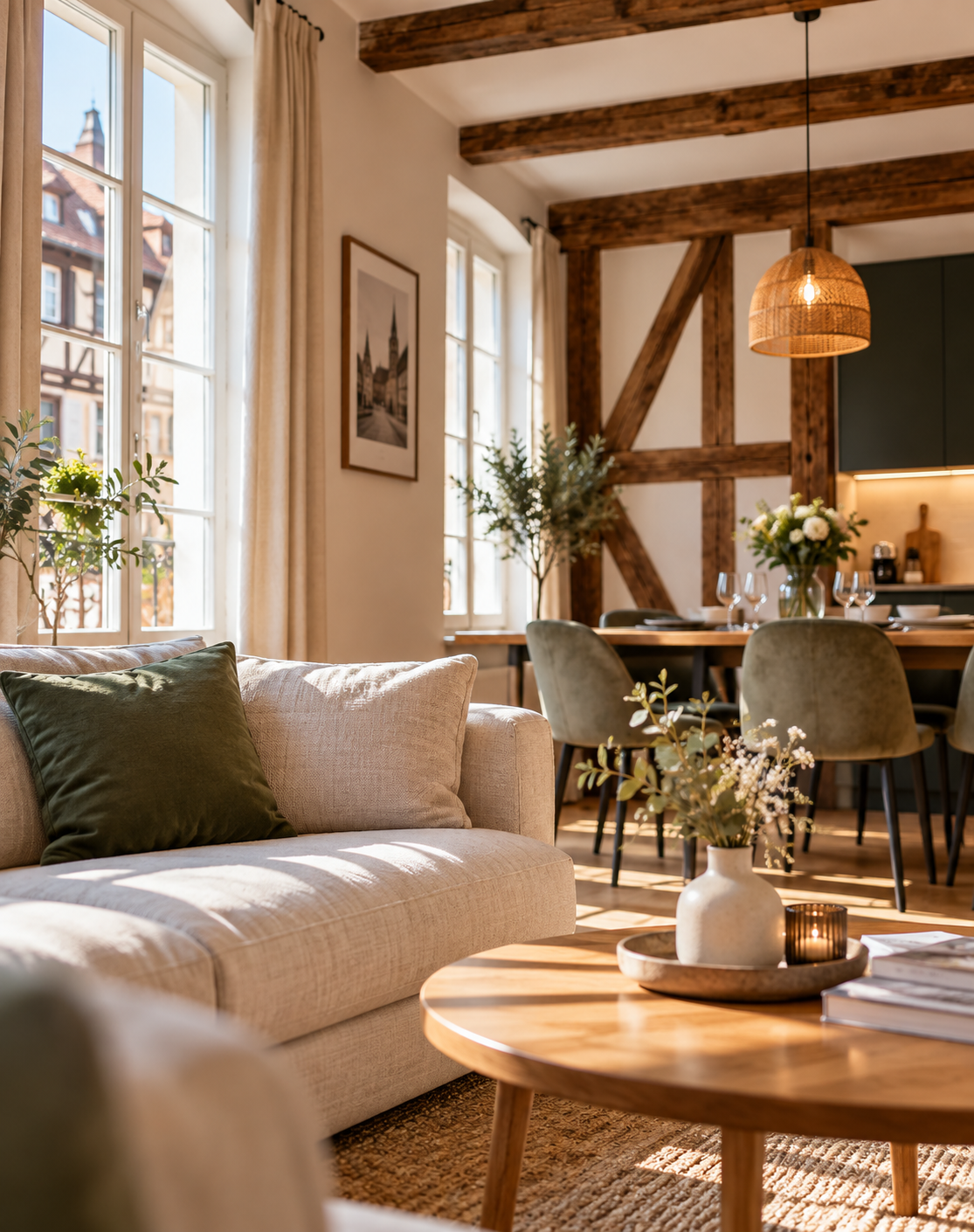 Salon lumineux d'une location courte durée gérée par Les Colombages en Alsace